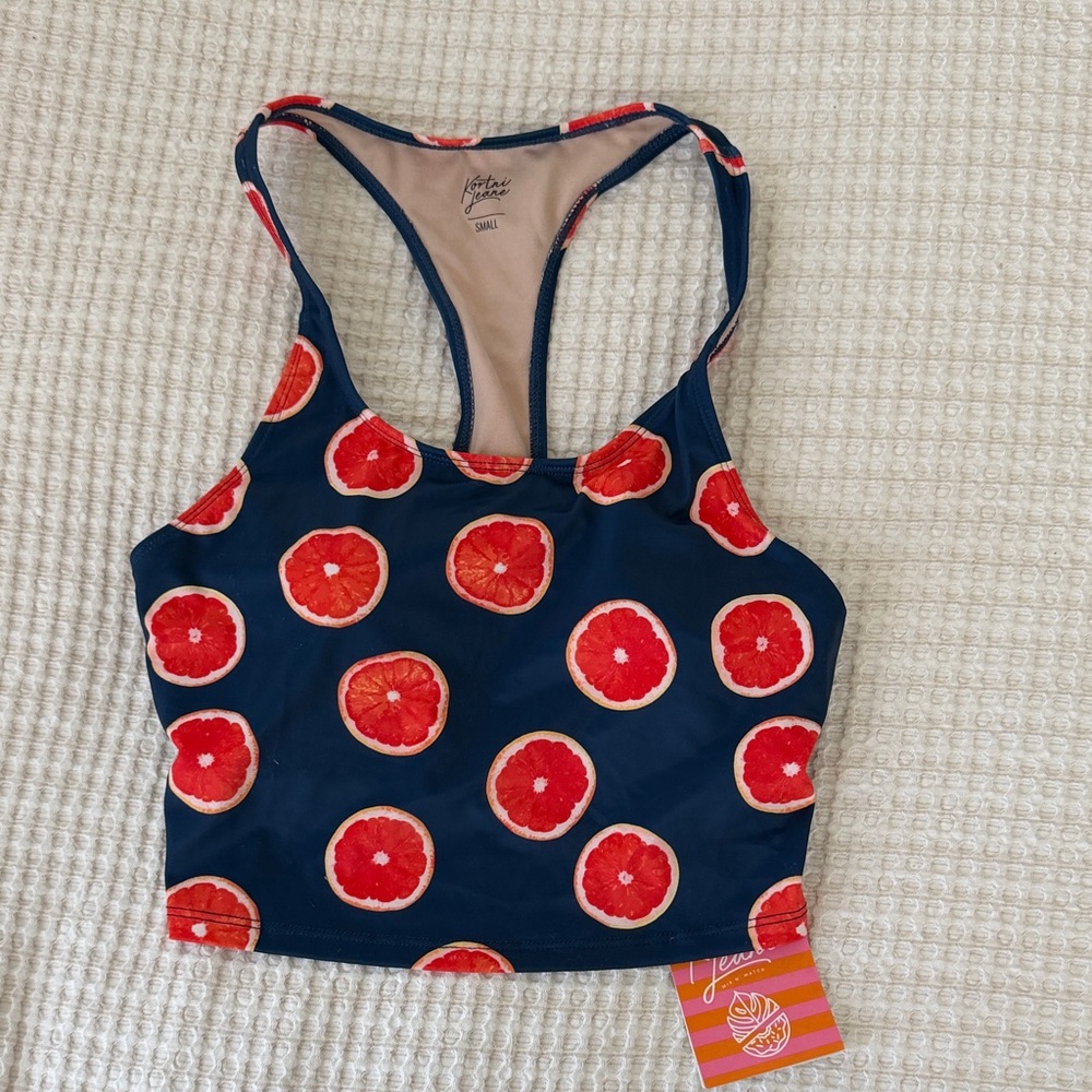 Kortni Jeane Navy Swim Crop Top with Red Citrus Print